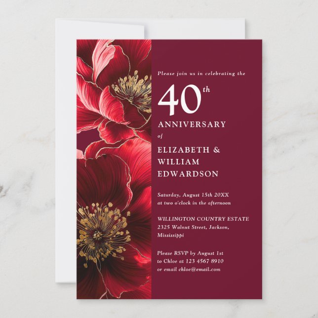 Invitation Elégant Ruby Rouge Moderne Floral 40e Anniversaire (Devant)