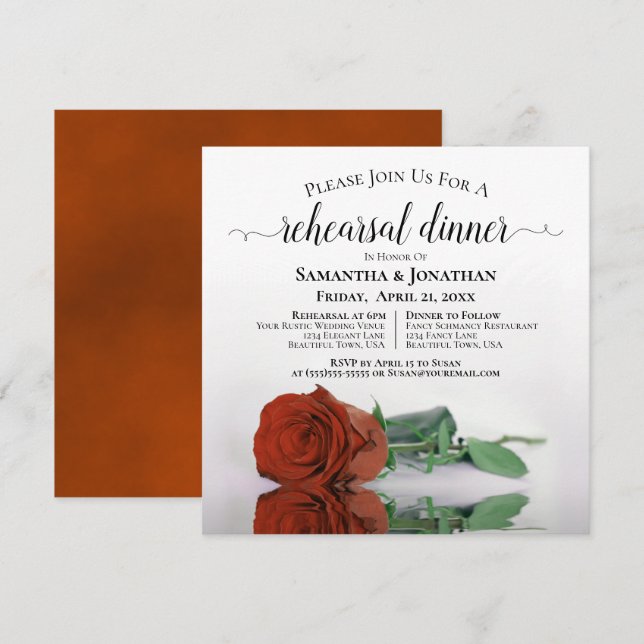 Invitation Elégant Rust Orange Rose Dîner de répétition Maria (Devant / Derrière)