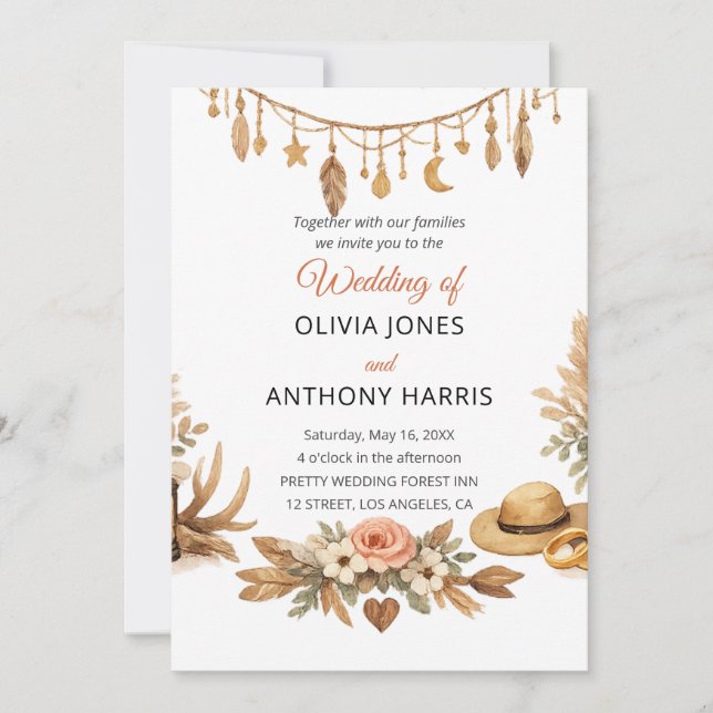 Invitation Elegant Rustic Boho Floral Chic Wedding  (Devant)