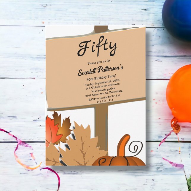 Invitation Elégant Rustic Citrouille Feuilles automne 50e ann (Créateur téléchargé)