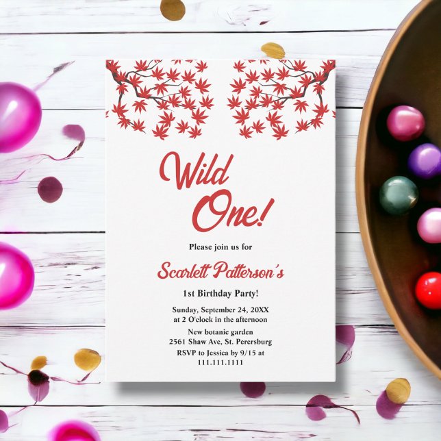 Invitation Elégant Rustic Fall Red Feuilles Boho 1er annivers (Créateur téléchargé)