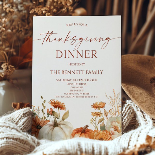 Invitation Elegant Rustic Floral Pumpkin Thanksgiving Dinner (Créateur téléchargé)