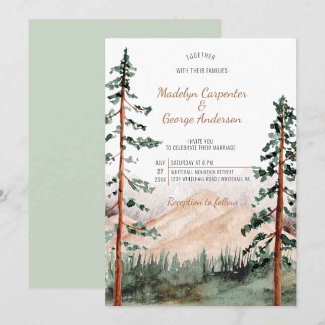 Invitation Elégant Rustic Mountains Arbres Paysage Mariage (Devant / Derrière)