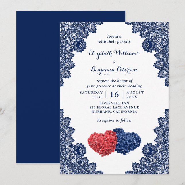 Invitation Elégant Rustic Navy Mariage bleu et rouge floral (Devant / Derrière)