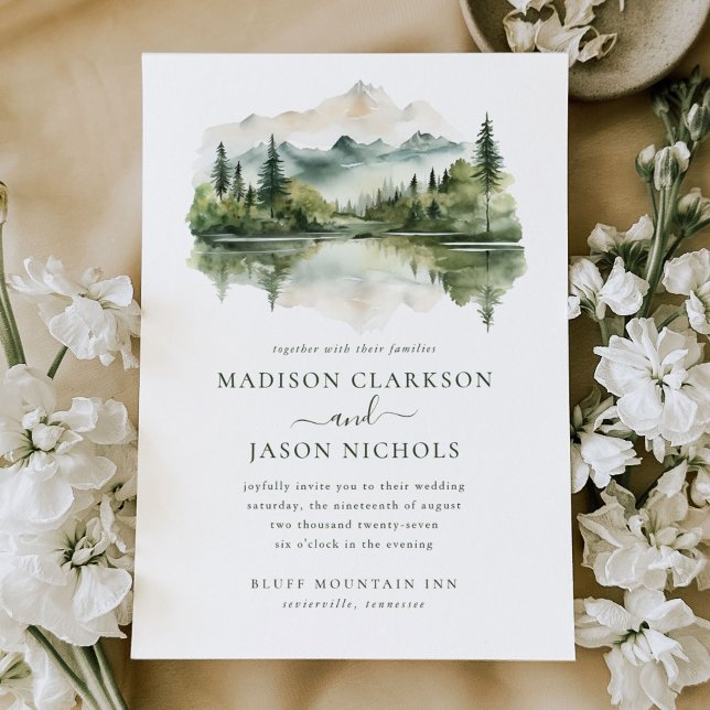 Invitation Élégant Rustic Pine Mariage paysage de montagne (Créateur téléchargé)