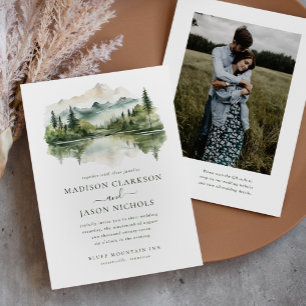 Invitation Elégant Rustic Pine Mountain QR Code Mariage photo