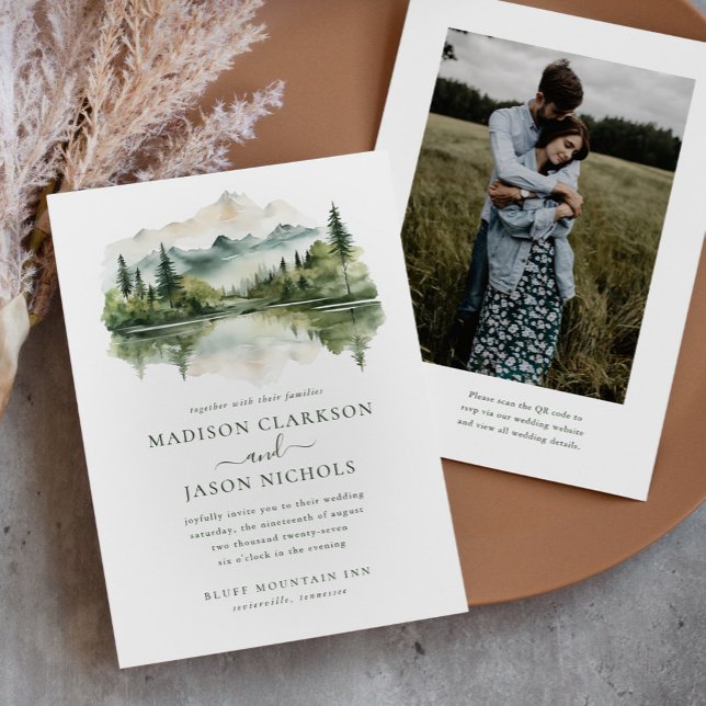 Invitation Elégant Rustic Pine Mountain QR Code Mariage photo (Créateur téléchargé)