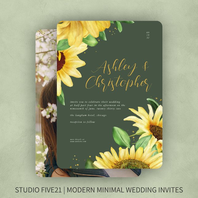 Invitation Elégant Rustic Sunflower Moss Mariage photo vert (Créateur téléchargé)