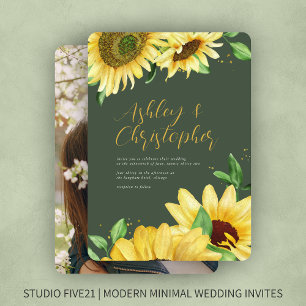 Invitation Elégant Rustic Sunflower Moss Mariage photo vert