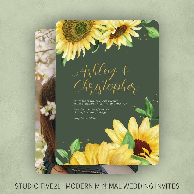 Invitation Elégant Rustic Sunflower Moss Mariage photo vert (Créateur téléchargé)