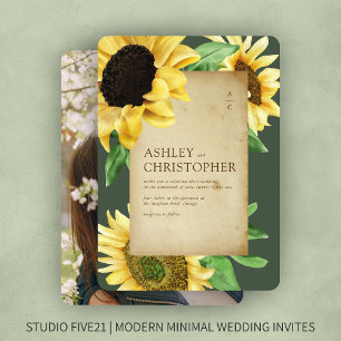Invitation Elégant Rustic Sunflower Moss Mariage photo vert