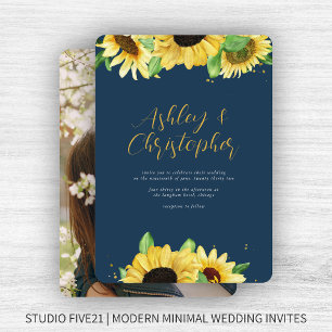 Invitation Elégant Rustic Sunflower Navy Mariage photo bleu