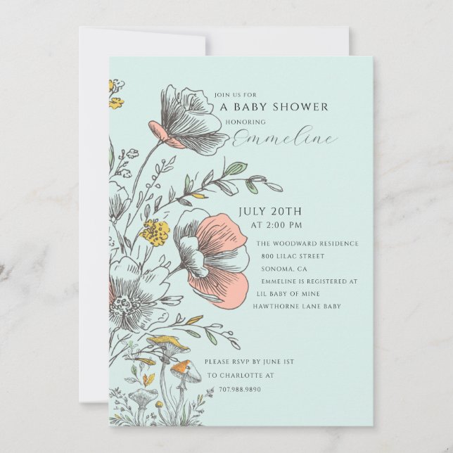 Invitation Elegant Rustic Wildflower Mint Green Baby Shower  (Devant)