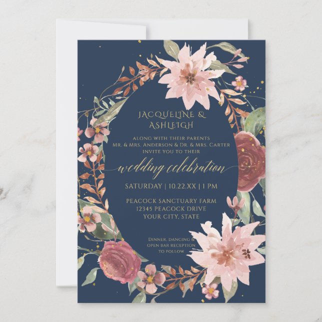 Invitation Elégant Rustique Aquarelle Fleurs Marine Rouge Ros (Devant)