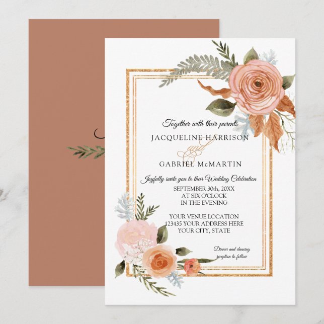 Invitation Élégant Rustique Automne Floral Mariage or cuivre (Devant / Derrière)