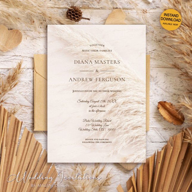 Invitation Élégant Rustique Boho Pampas Mariage en herbe (Créateur téléchargé)