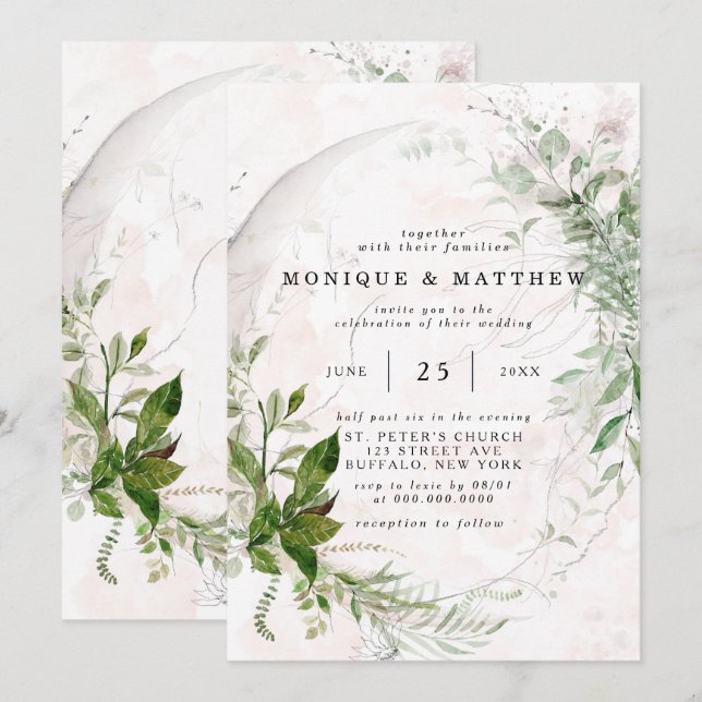 Invitation Elégant Rustique Eucalyptus Feuilles Mariage rose  (Devant / Derrière)