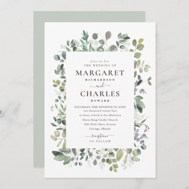 Invitation Elégant Rustique Eucalyptus Sage Green Mariage Inv (Devant / Derrière)