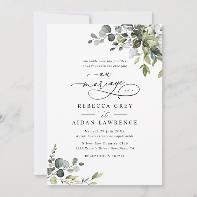 Invitation Elégant Rustique Eucalyptus Vert Mariage français (Devant)