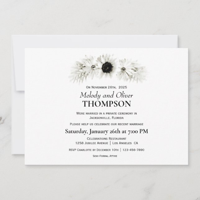 Invitation Élégant Rustique Mariage Floral Noir et Blanc Aprè (Devant)