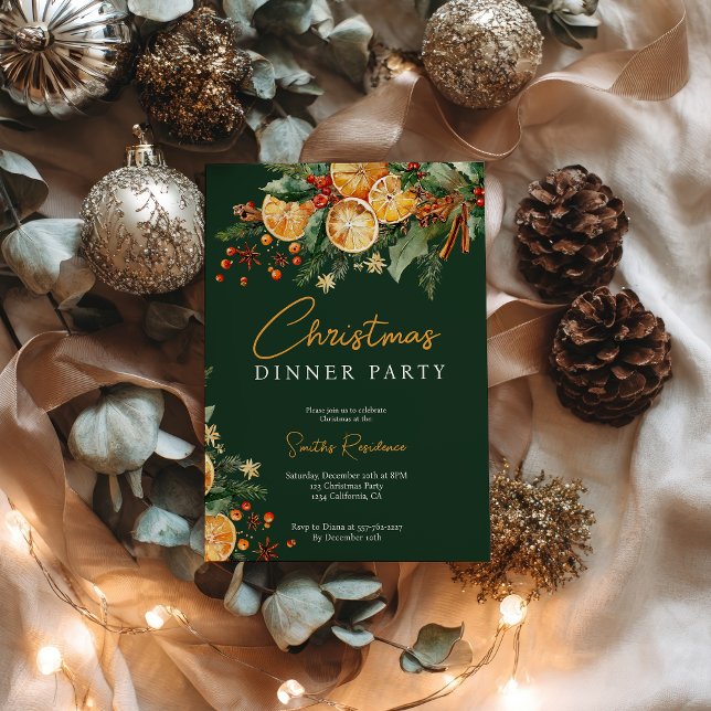 Invitation Élégant Rustique Orange Pine Noël Parti Vert (Elegant Rustic Orange Pine Christmas Party Green Invitation)