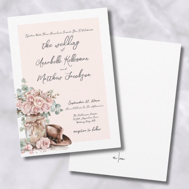 Invitation Élégant Rustique Rose Pays Mariage occidental (Elegant Rustic Roses Country Western Wedding Invitation)