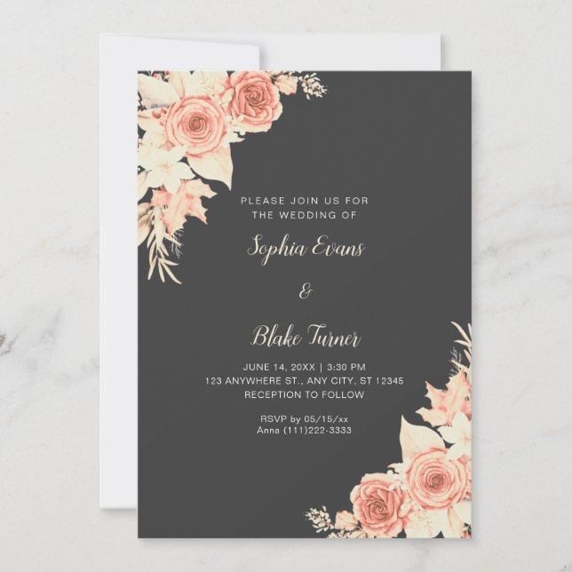 Invitation Élégant Rustique Roses Orange Automne Gris Mariage (Devant)