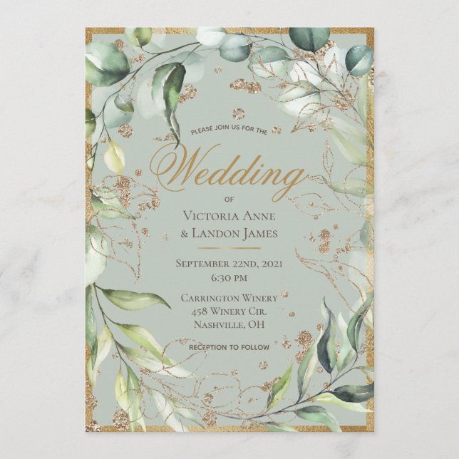 Invitation Elégant Rustique Verdure or Eucalyptus Mariage (Devant)