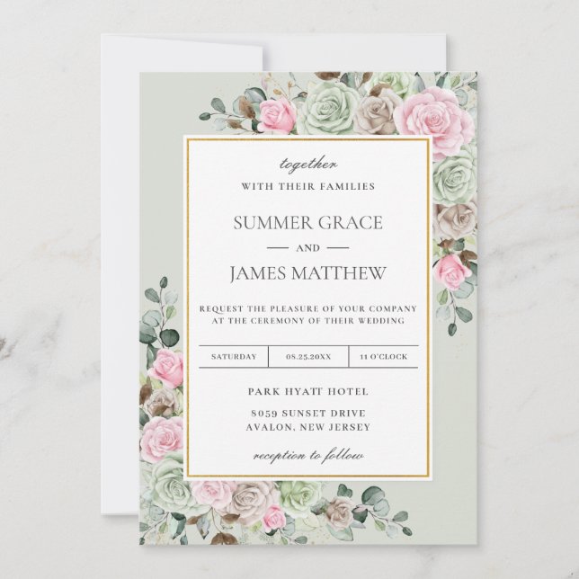 Invitation Élégant Sage Green Blush Rose Brown Floral Mariage (Devant)