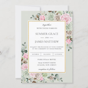Invitation Élégant Sage Green Blush Rose Brown Floral Mariage