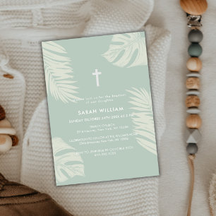 Invitation Élégant Sage Green Boho Feuille Cross Baptême