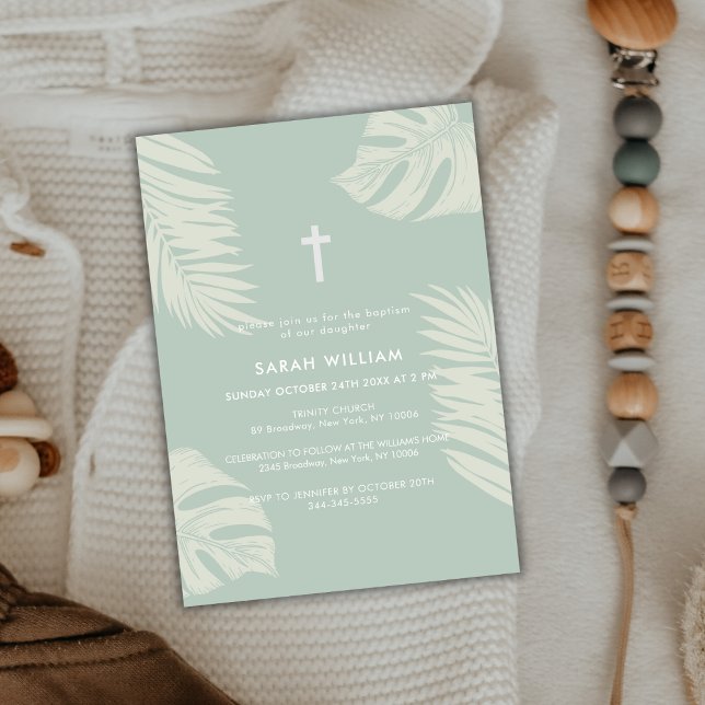 Invitation Élégant Sage Green Boho Feuille Cross Baptême (Elegant Sage Green Boho Leave Gold Cross Baptism Invitation)