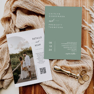 Invitation Elegant Sage Green Boho Photo QR Code Mariage Inv