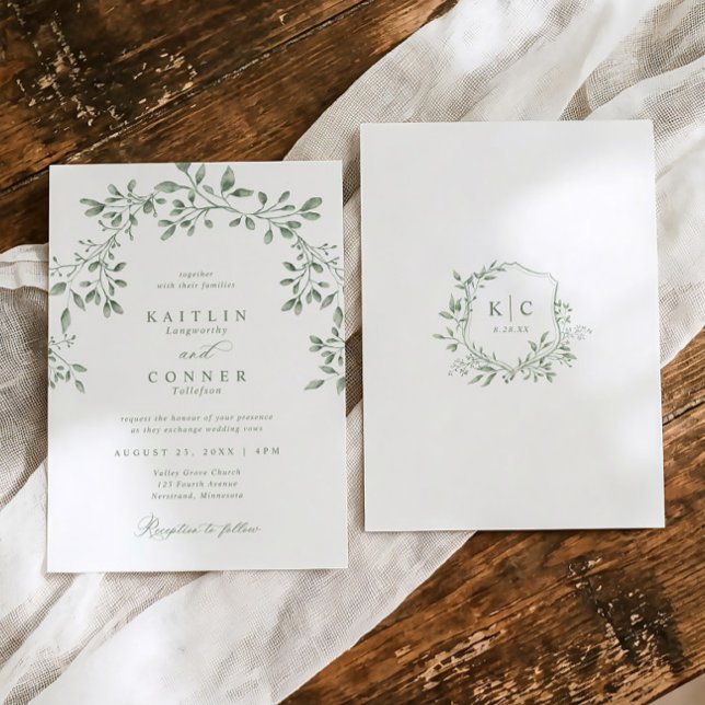 Invitation Elegant Sage Green Botanical Garden Wedding (Elegant garden wedding invitation in sage green with watercolor greenery and crest on back)