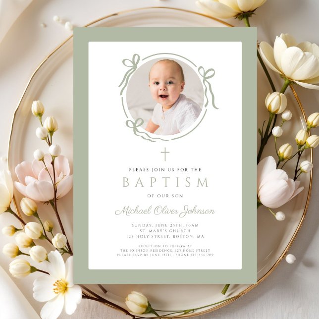Invitation Elegant Sage Green Bow Photo Baptism (Elegant Sage Green Bow Photo Baptism Invitation)