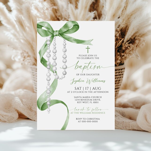Invitation Élégant Sage Green Bow & Rosary Baptisme (Créateur téléchargé)