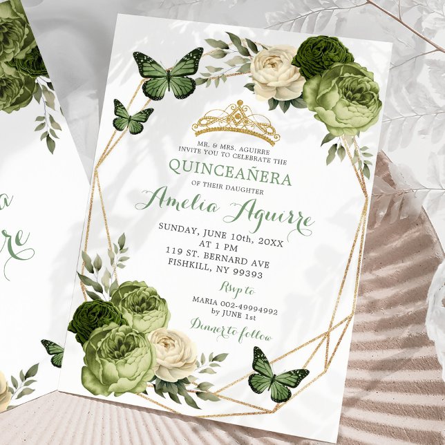 Invitation Elégant Sage Green Butterfly Floral Quinceañera (Créateur téléchargé)