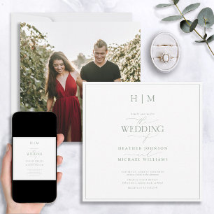 Invitation Élégant Sage Green Calligraphie Monogramme Photo