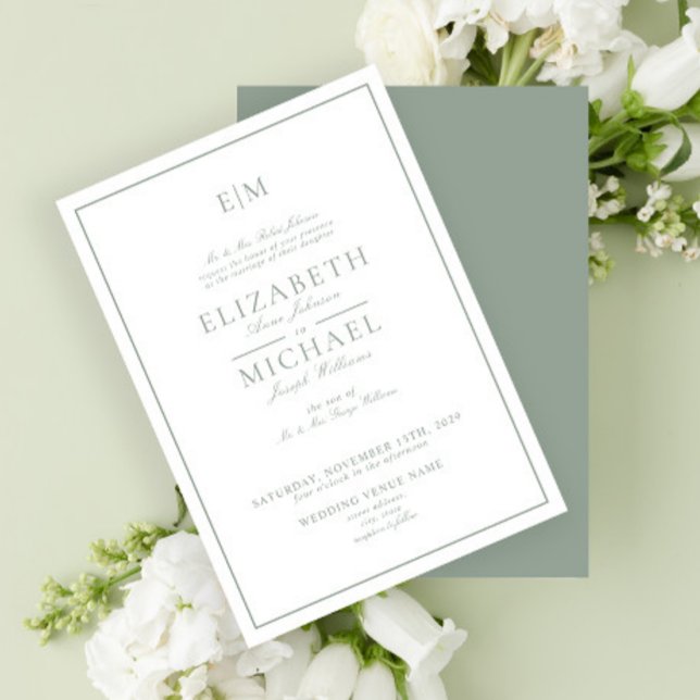 Invitation Élégant Sage Green Classic Script Monogramme Maria (Créateur téléchargé)