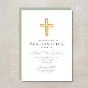 Invitation Elégant Sage Green Confirmation de croix religieus