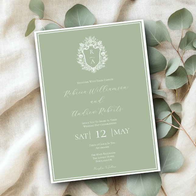 Invitation Élégant Sage Green Crest Monogram Mariage (Créateur téléchargé)