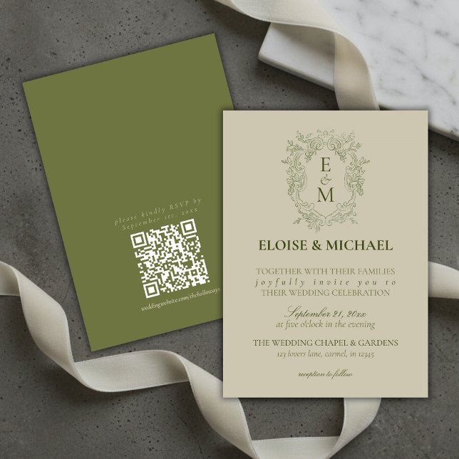 Invitation Elegant Sage Green Crest Monogram Wedding (Elegant Sage Green Crest Monogram Wedding Invitation)