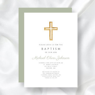 Invitation Élégant Sage Green Croix religieuse Baptême