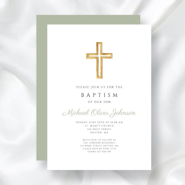 Invitation Élégant Sage Green Croix religieuse Baptême (Sage Green Religious Wood Cross Baptism Invitation)