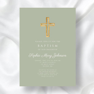 Invitation Elégant Sage Green Croix Religieuse Fille Baptême