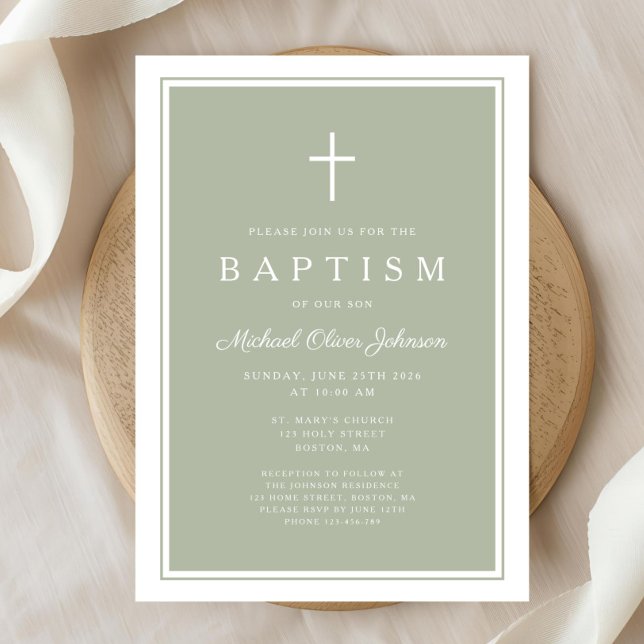 Invitation Elegant Sage Green Cross Baby Boy Baptism (Elegant Sage Green Cross Baby Boy Baptism Invitation)