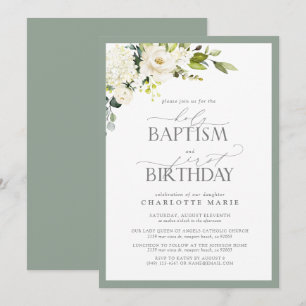 Invitation Elégant Sage Green Floral Baptême 1er anniversaire