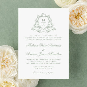 Invitation Élégant Sage Green Floral Crest Monogram Mariage
