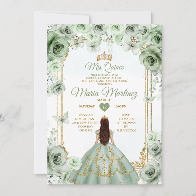 Invitation Elégant Sage Green Floral & Gold Quinceañera (Devant)