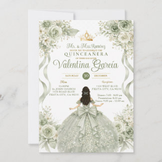 Invitation Elegant Sage Green Floral Quinceañera Bow Gown